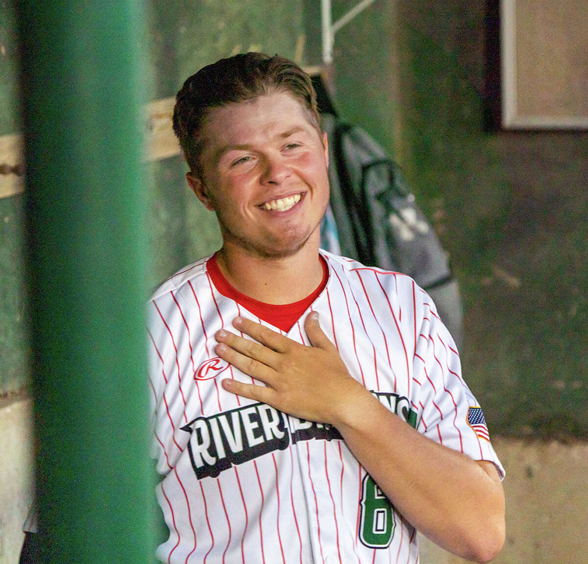 River Dragons pitcher Adam Stilts from Alton, shown in the dugout this summer, has said he will return to play with the team next summer after helping the Dragons get to the 2022 Prospect League Championship Series.