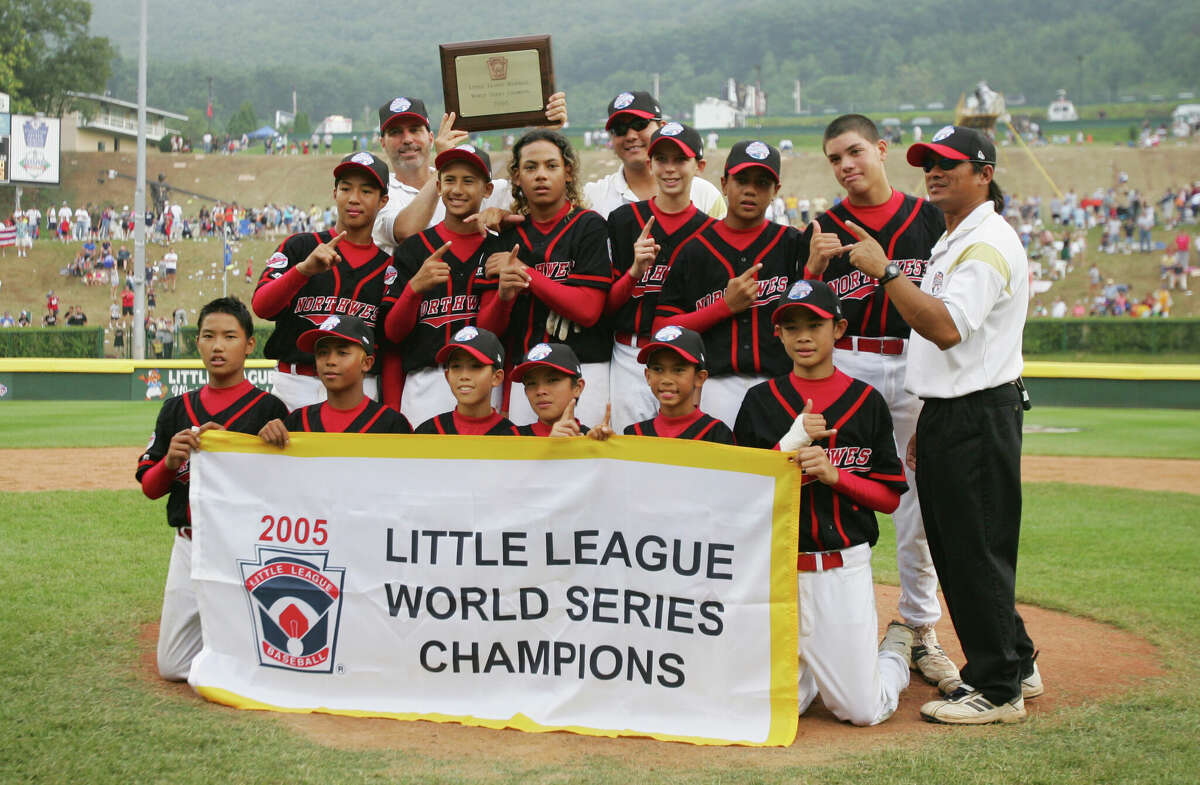 Team Hawaii 2005 from Iowa Beach, Hawaii, defeated the Caribbean team from Curacao 7-6 in seven rounds. The team poses with the championship banner after defeating the Caribbean team during the Little League World Series championship game on August 28, 2005, at Lamad Stadium in South Williamsport, Pennsylvania.