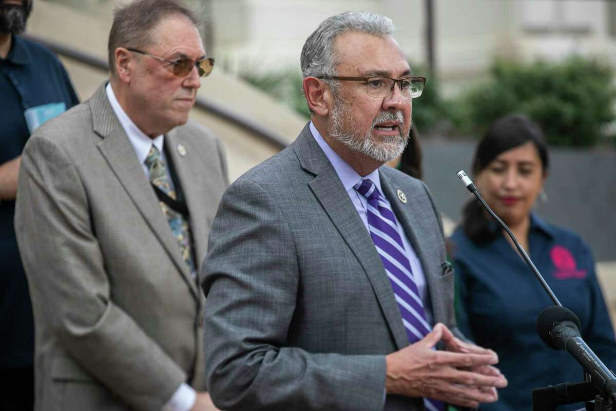 Bexar County District Attorney Joe Gonzales speaks during a news conference held Friday outside San Antonio City Hall to announce a proposal to create so-called “baby boxes” where people can drop off infants anonymously.