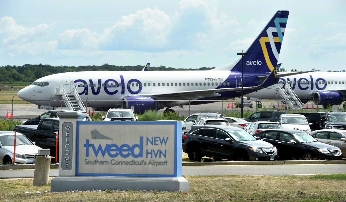 An Avelo airplane at Tweed-New Haven Airport, on Aug. 16, 2022. Avelo Airlines, which is the airport’s sole carrier, started flights out of Tweed in November 2021.