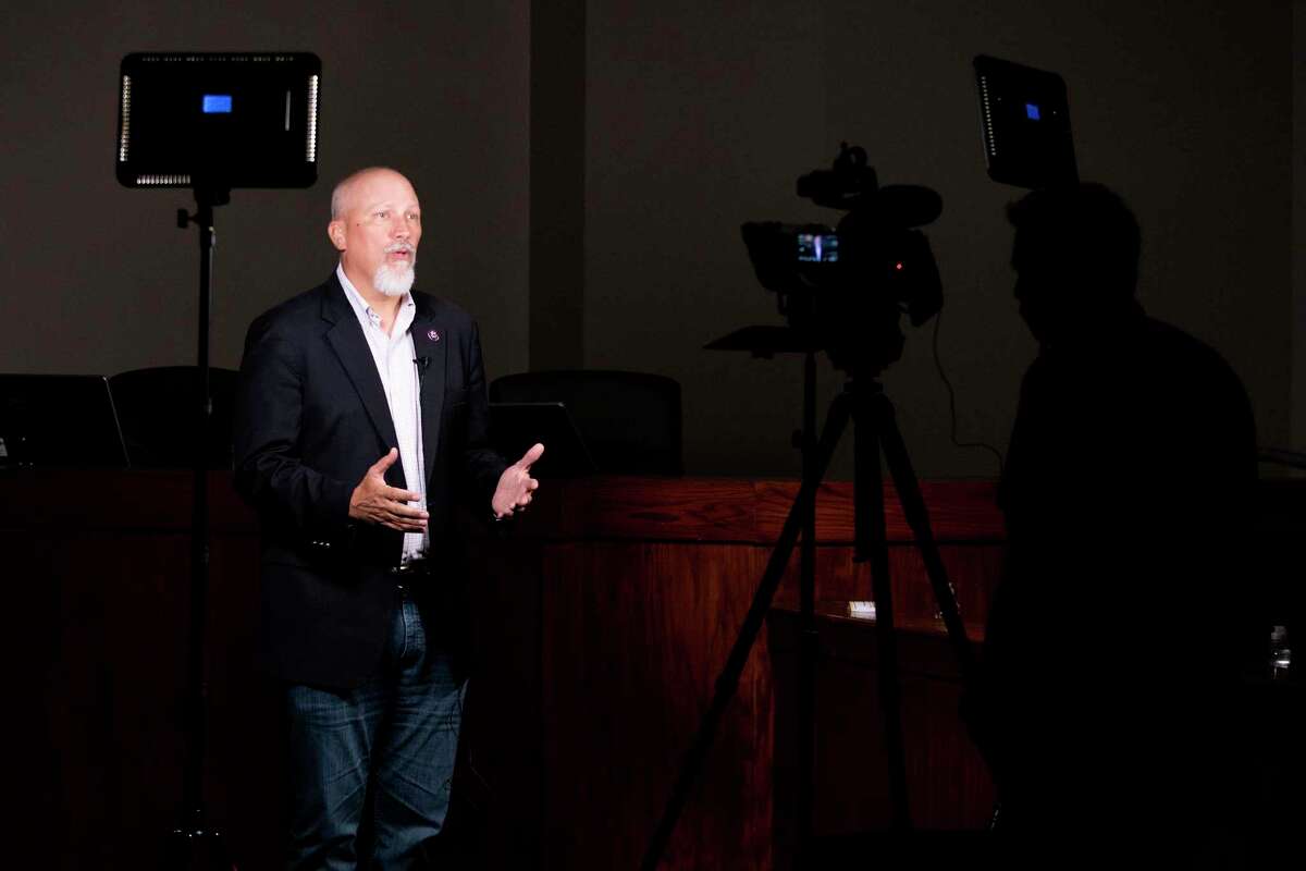 U.S. Rep. Chip Roy records anti-fentanyl public service announcements at Boerne ISD’s administration building Thursday.