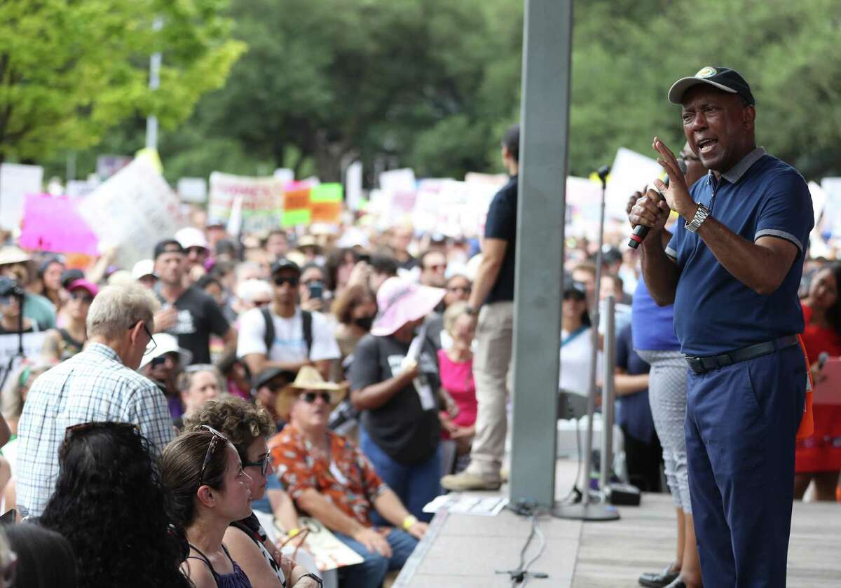 Mayor Sylvester Turner speaks on stage in front of the large crowd during an abortion rights rally organized by Beto O’Rourke at Discovery Green on Saturday, May 7, 2022 in Houston. Mayor Turner said last Thursday that investigation abortions under the state’s near-total ban would be the city’s “lowest priority.”