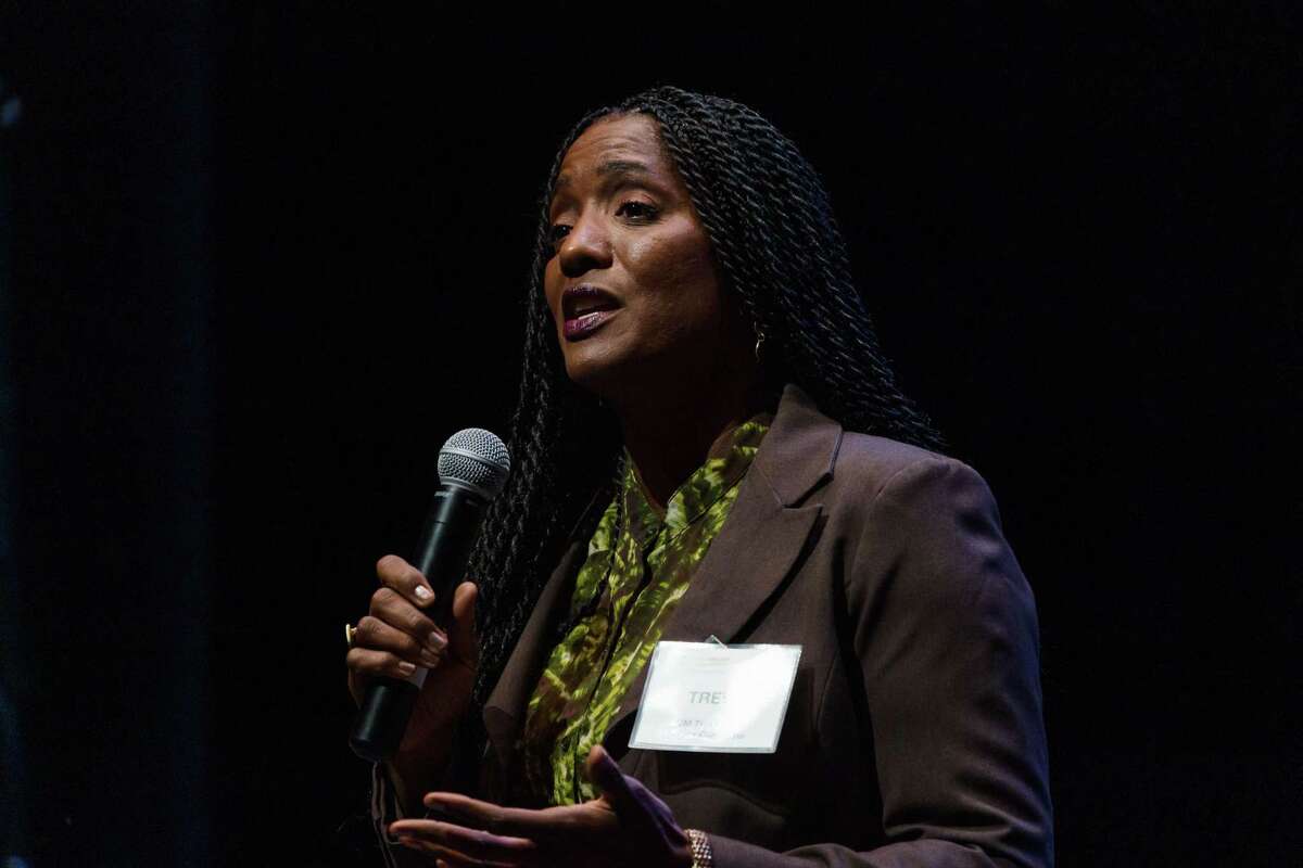 Treva Reid, Oakland District 7 Councilmember, is seen during the Oakland mayoral forum at Laney College in Oakland, Calif., on Tuesday, August 30, 2022. Reid is among five candidates that want to expand a project citywide that diverts some 911 calls away from police.