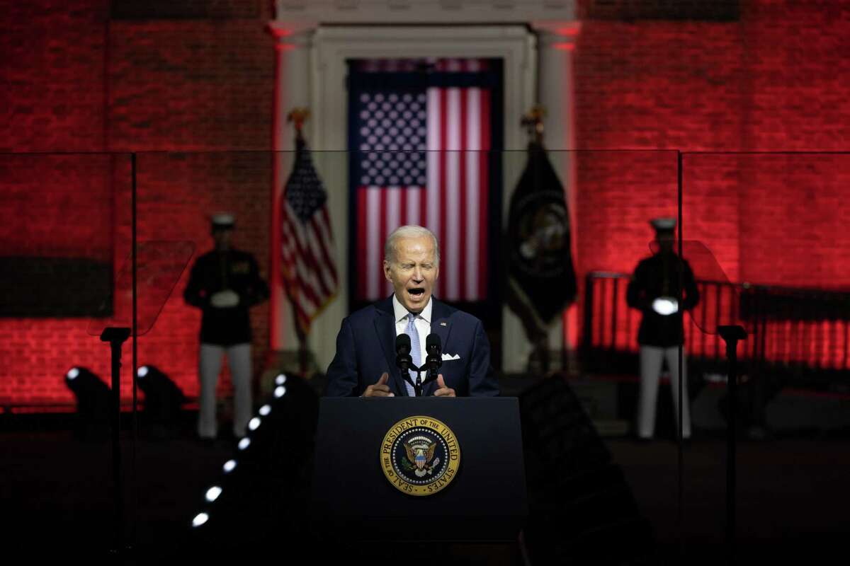 US President Joe Biden speaks at Independence National Historical Park in Philadelphia, Pennsylvania, US, on Thursday, Sept. 1, 2022. Biden is arguing that Donald Trump's supporters pose a threat to US democracy and the country's elections during an address billed as the "battle for the soul of the nation."