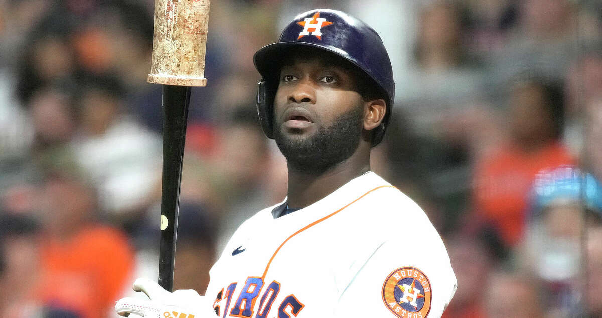 Houston Astros designated hitter Yordan Alvarez (44) in the on deck circle during the first inning of an MLB baseball game at Minute Maid Park on Saturday, Aug. 27, 2022 in Houston.