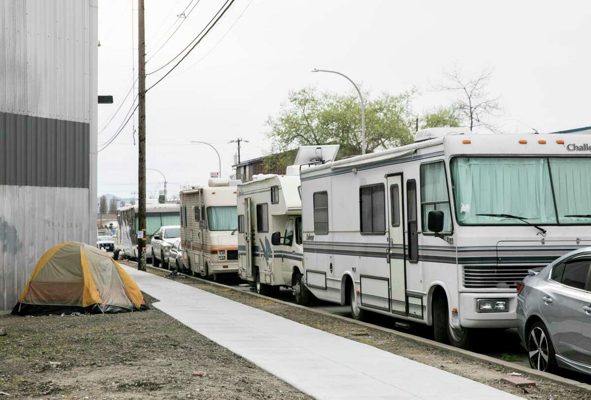 RVs are parked near Gilman Street in Berkeley in 2019, reflecting the area’s housing crisis. More than 21,000 residents applied to get on a wait list for rental assistance in Berkeley in July, but officials only have enough spots to put 2,000 people in the queue for a coveted housing voucher.