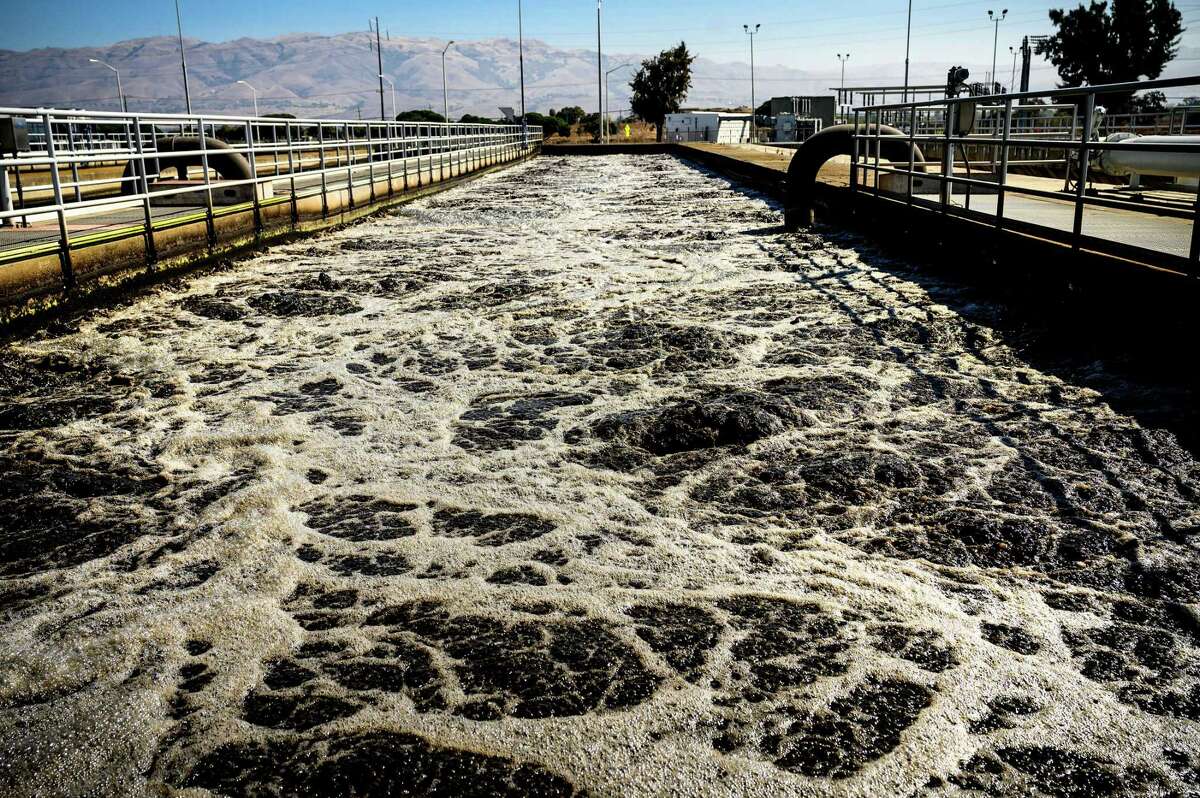 Sewage undergoes biological treatment in a tank at the San José-Santa Clara Regional Wastewater Facility.