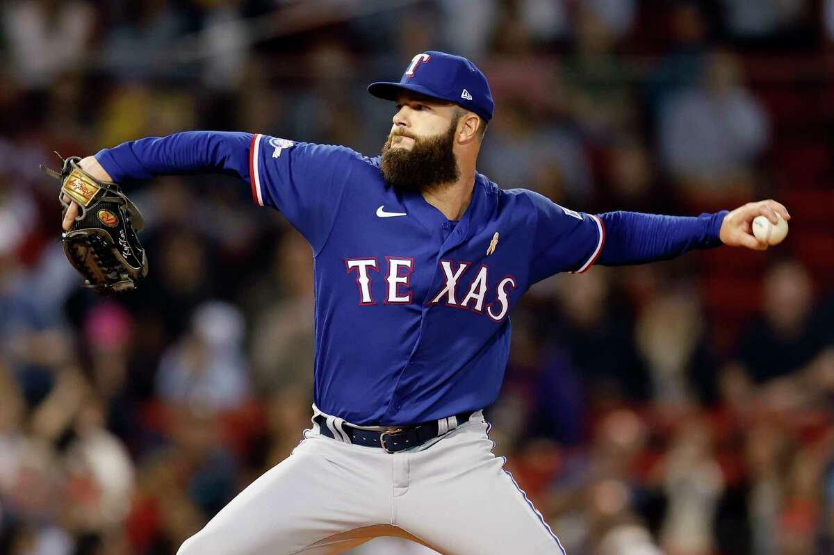 Texas Rangers' Dallas Keuchel pitches during the first inning of a baseball game against the Boston Red Sox, Friday, Sept. 2, 2022, in Boston.