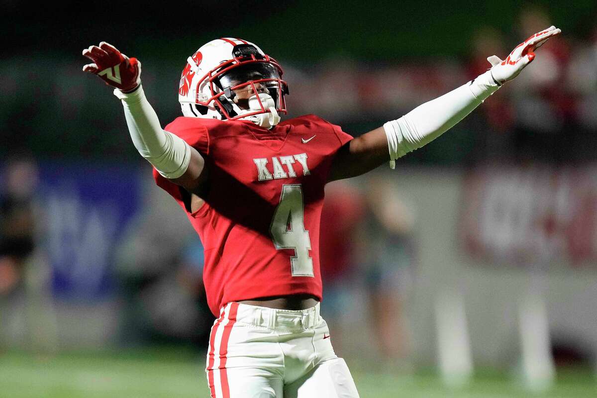 Katy defensive back Gavin Johnson reacts after Atascocita wide receiver Claude Slaughter dropped a pass during the second half of a high school football game, Friday, Sept. 2, 2022, in Katy, TX.