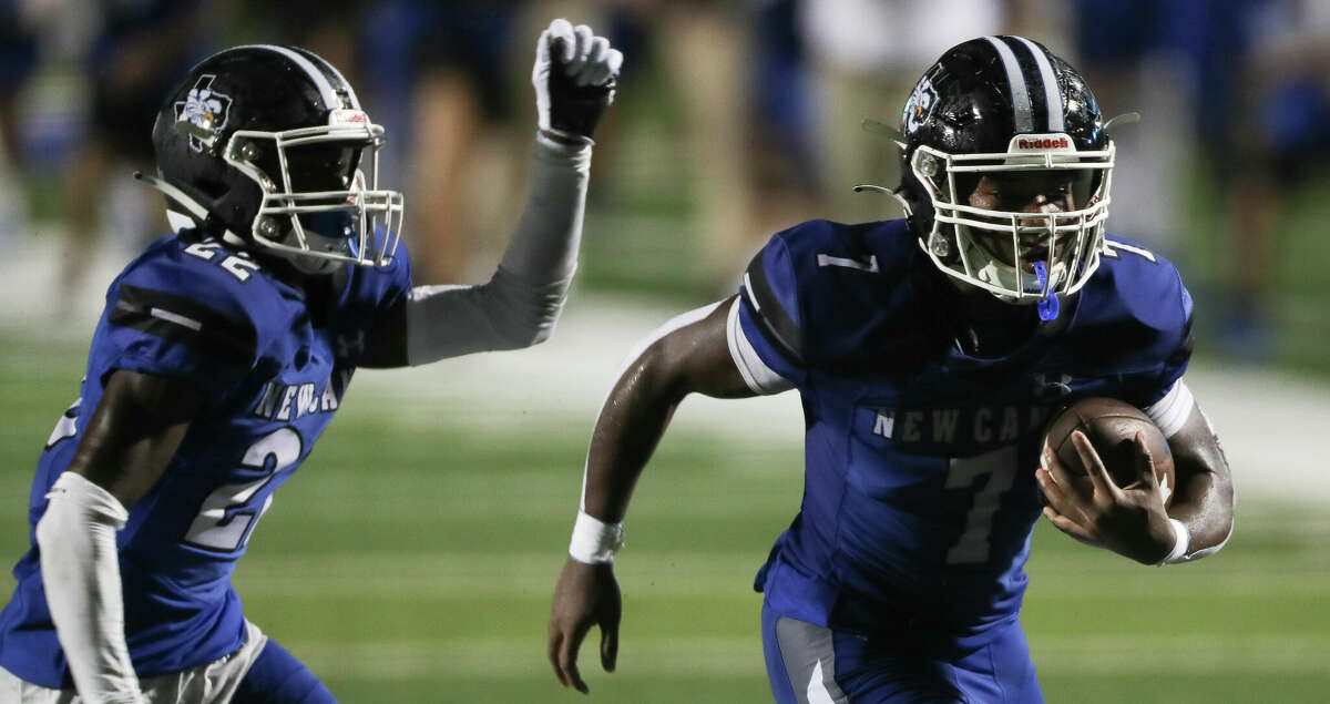 New Caney linebacker Daylen Wilson returned a blocked punt by defensive back Chris Johnson for a 25-yard touchdown in the second quarter of a non-district high school football game at Randall Reed Stadium, Friday, Sept. 2, 2022, in New Caney.