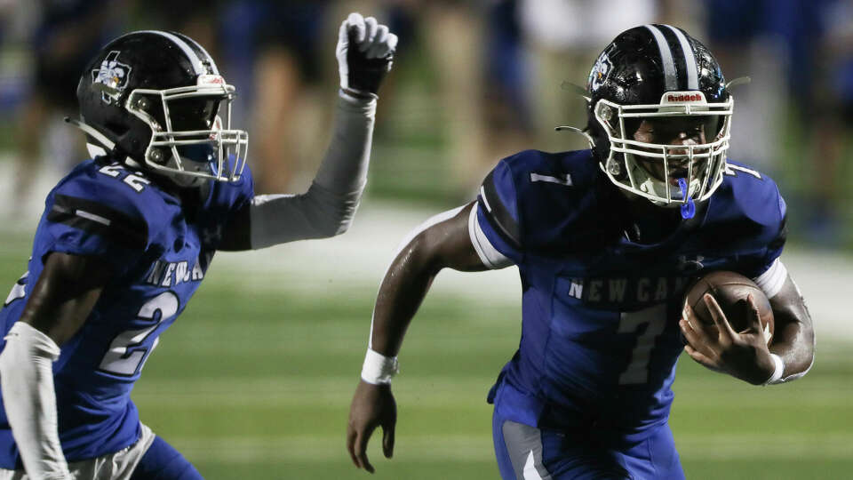 New Caney linebacker Daylen Wilson returned a blocked punt by defensive back Chris Johnson for a 25-yard touchdown in the second quarter of a non-district high school football game at Randall Reed Stadium, Friday, Sept. 2, 2022, in New Caney.