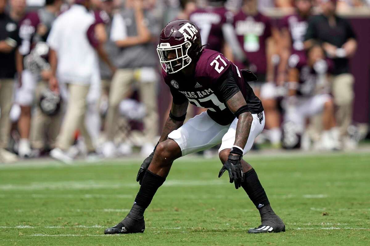 Texas A&M defensive back Antonio Johnson (27) lines up against Sam Houston State during the first half of an NCAA college football game Saturday, Sept. 3, 2022, in College Station, Texas. (AP Photo/David J. Phillip)