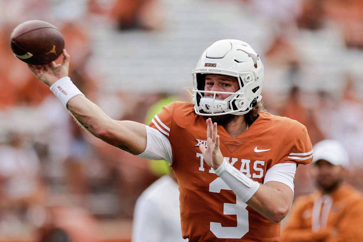 Quinn Ewers of the Texas Longhorns warms up before the game against the Louisiana Monroe Warhawks at Darrell K Royal-Texas Memorial Stadium on September 03, 2022 in Austin.