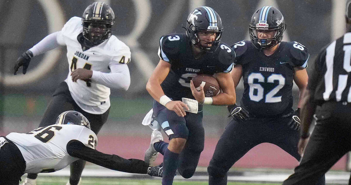 Kingwood quarterback Trey Reese (3) escapes the tackle of Jordan linebacker Samuel Panjwani (26) during the first half of a high school football game, Saturday, Sept. 3, 2022, in Humble, TX.