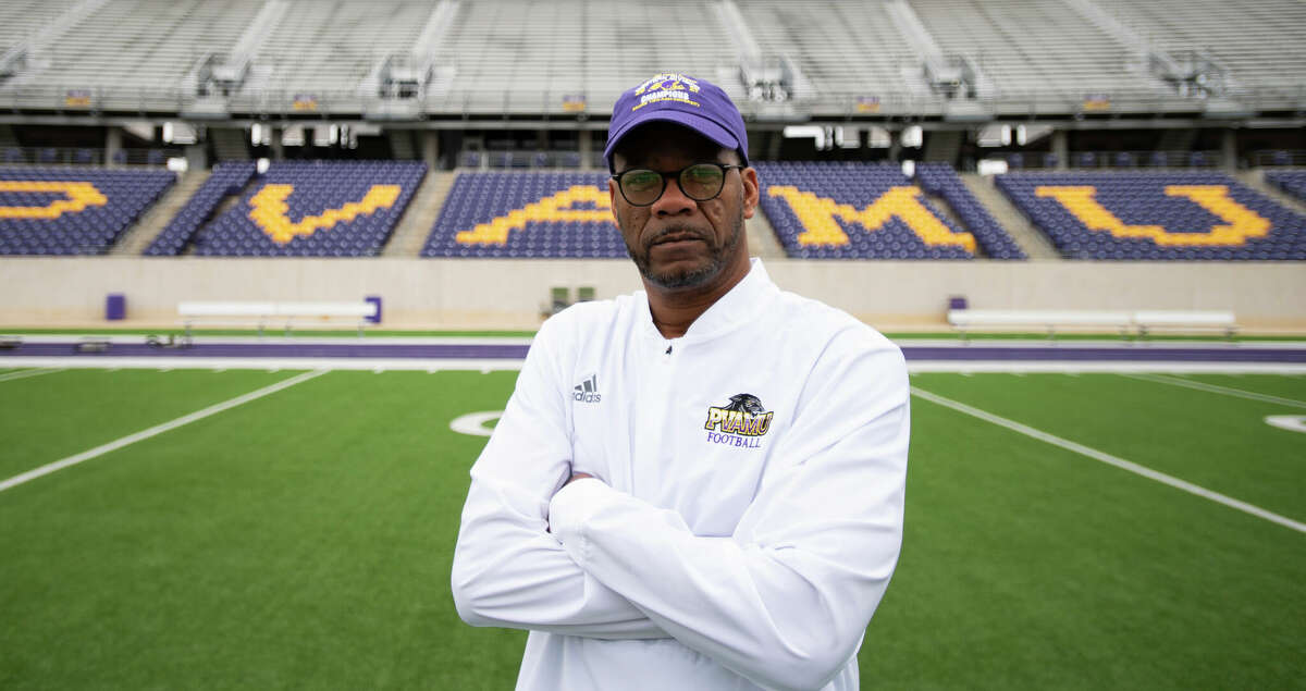 Prairie View A&M head football coach Bubba McDowell stands on the field at Panther Stadium Friday, Feb. 25, 2022, in Prairie View, Texas.