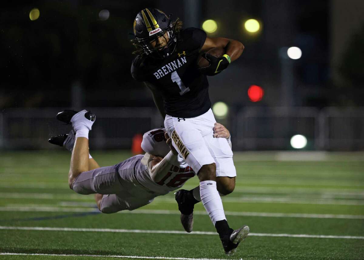 Brennan's Tyler Turner (1) is tackled during the UIL football game against Brandeis Saturday, Sept. 3, 2022, at the Dub Ferris Athletic Complex in San Antonio, Texas.