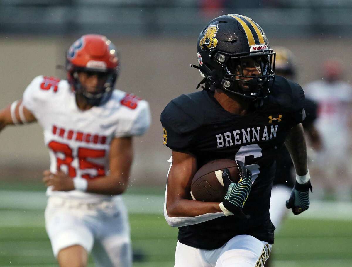 Brennan wide receiver Aaron Dubose (6) runs with the ball during the UIL football game against Brandeis Saturday, Sept. 3, 2022, at the Dub Ferris Athletic Complex in San Antonio, Texas.