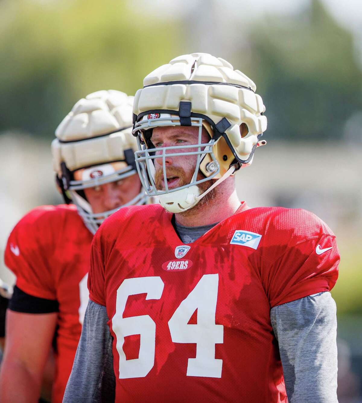 Niners center Jake Brendel (64), shown during practice last month, is slated to start the season opener against Chicago on Sunday.