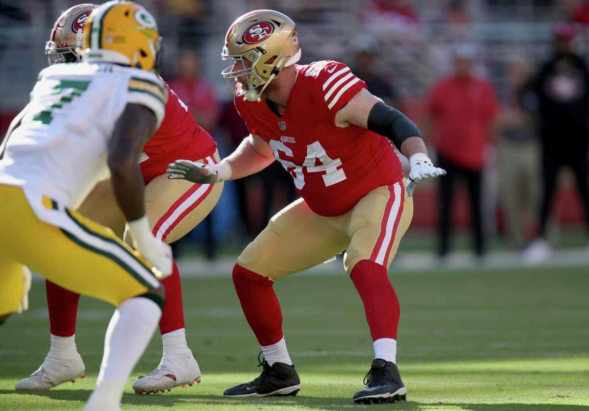 San Francisco 49ers center Jake Brendel (64) blocks during an NFL preseason football game against the Green Bay Packers, Friday, Aug. 12, 2022, in Santa Clara, Calif. (AP Photo/Scot Tucker)