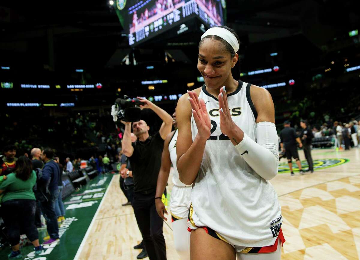 A’ja Wilson of Las Vegas, who scored 34 points, celebrates after winning Game 3 of the series.