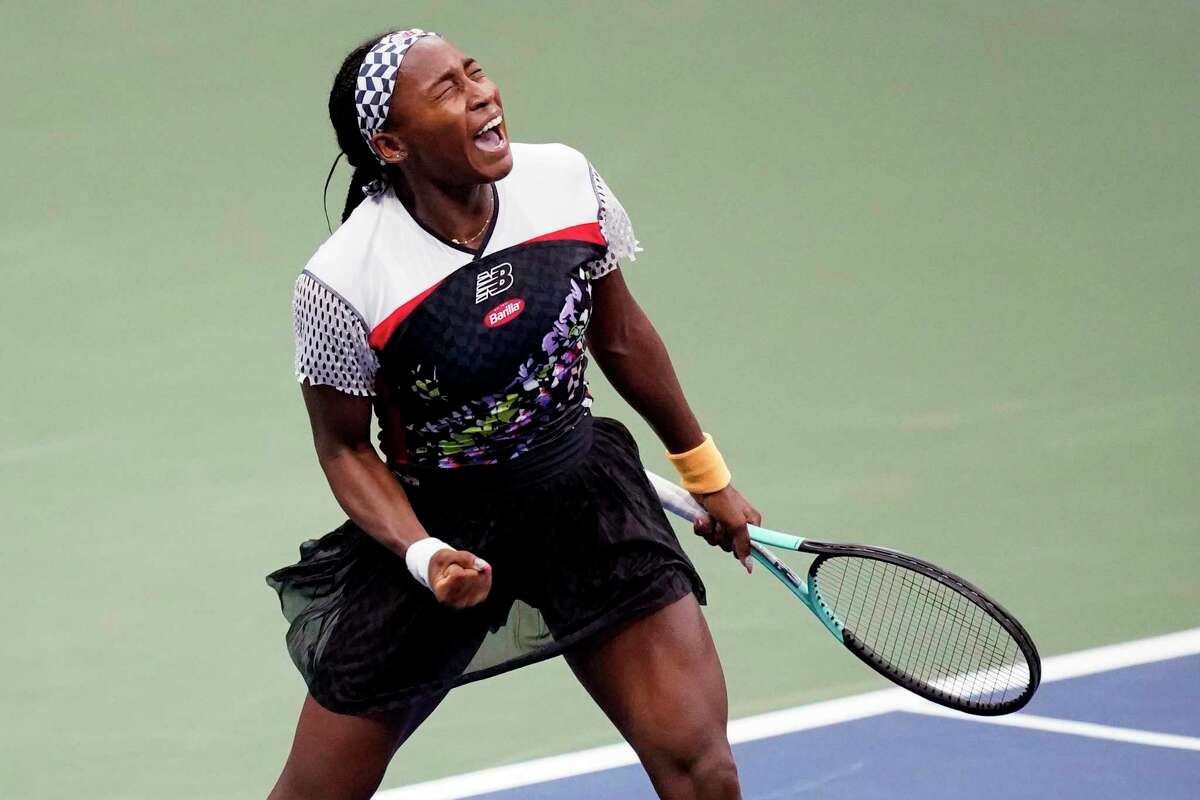 Coco Gauff, of the United States, celebrates after defeating Shuai Zhang, of China, during the fourth round of the U.S. Open tennis championships, Sunday, Sept. 4, 2022, in New York. (AP Photo/Julia Nikhinson)