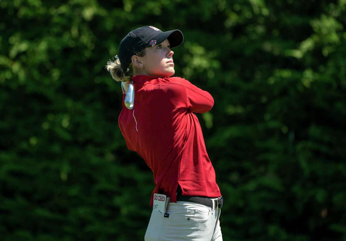 Stanford women's golfer Rachel Heck, tees off at the 17th hole during the Carmel Cup event at the Pebble Beach Golf Club on Saturday, Sept. 3, 2022 in Pebble Beach, Calif.