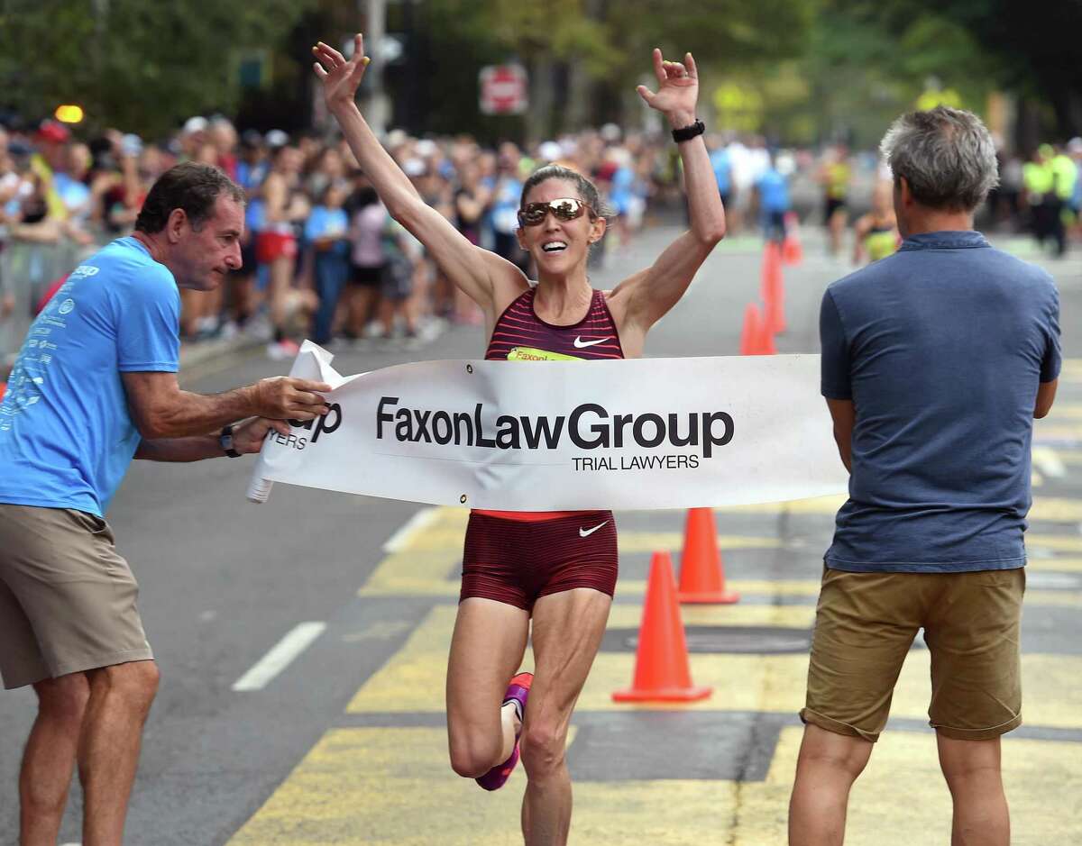 Keira D'Amato of Virginia finishes first for the women in the 2022 Faxon Law New Haven Road Race 20K in New Haven on September 5, 2022.