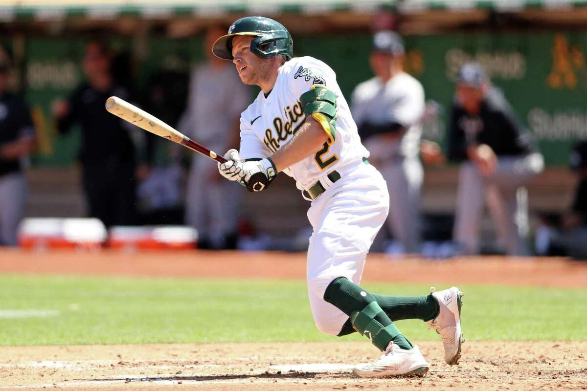 Oakland Athletics’ Nick Allen doubles in 3rd inning against New York Yankees during MLB game at Oakland Coliseum in Oakland, Calif., on Sunday, August 28, 2022.