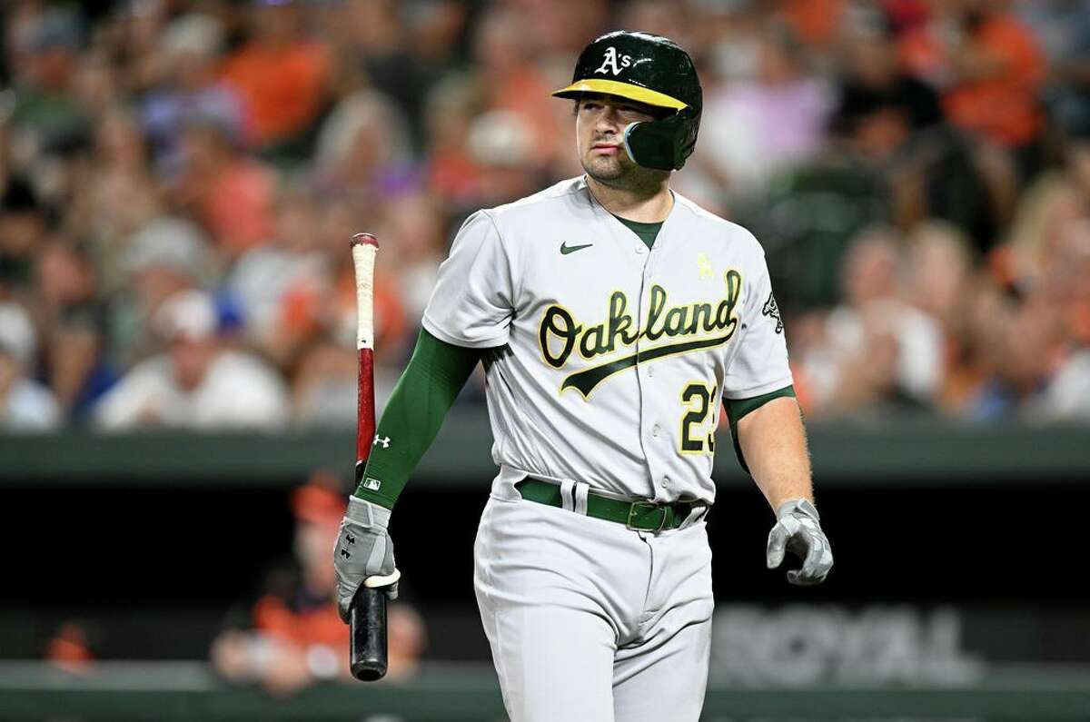 BALTIMORE, MARYLAND - SEPTEMBER 02: Shea Langeliers #23 of the Oakland Athletics walks to the dugout after striking out in the ninth inning against the Baltimore Orioles at Oriole Park at Camden Yards on September 02, 2022 in Baltimore, Maryland. (Photo by Greg Fiume/Getty Images)