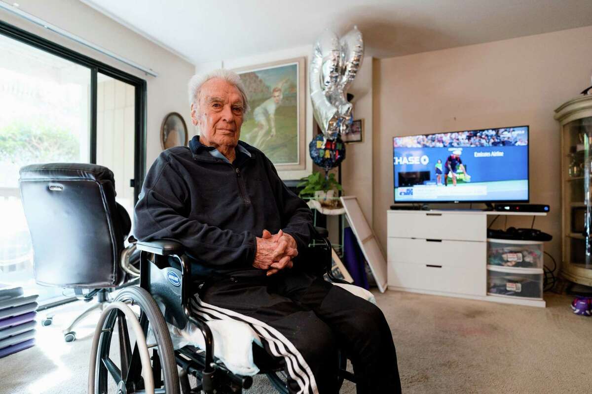 Vic Seixas, at age 99 the oldest living Grand Slam tennis champion, poses for a photo at his home in Mill Valley.