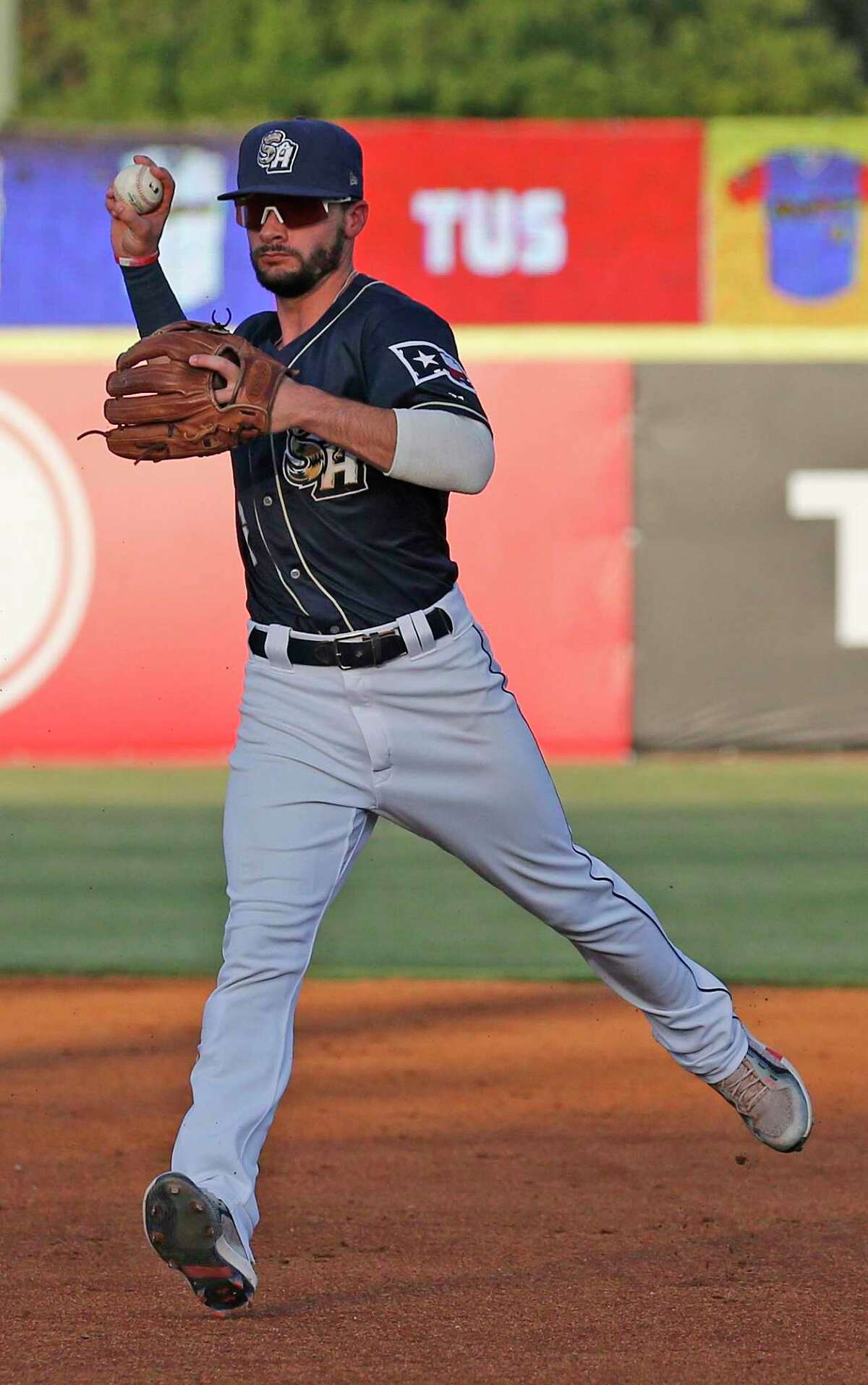 San Antonio Missions Connor Hollis (6) throws to first against Wichita on Wednesday, Aug. 3, 2022 at Wolff Stadium.