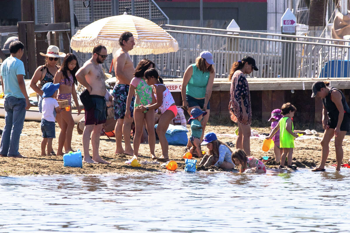 To cool off during the heat wave, people go to Sep.  5, 2022 closed Sausalito Beach in Sausalito, California.