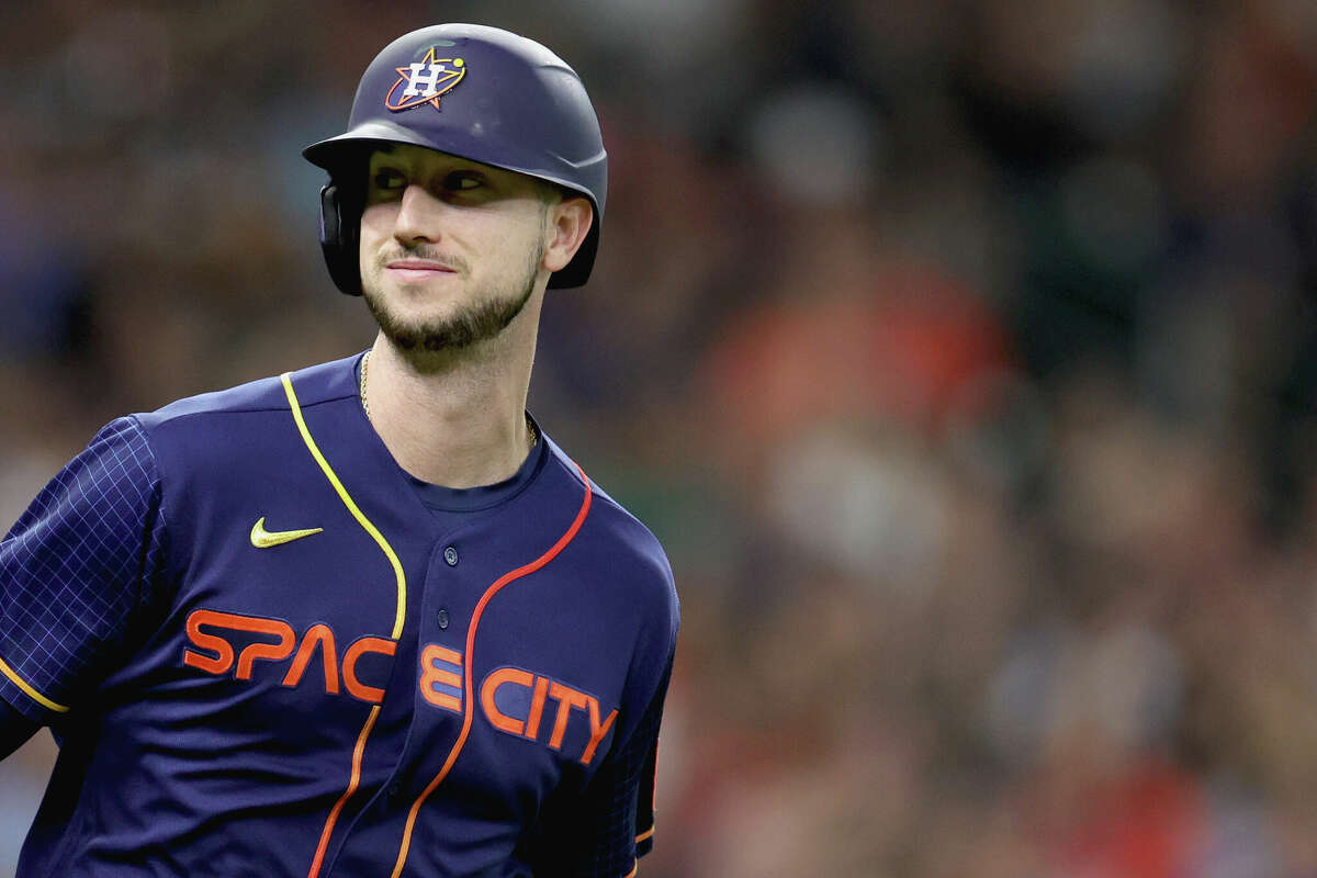 HOUSTON, TEXAS - SEPTEMBER 05: Kyle Tucker #30 of the Houston Astros reacts to hitting a single during the third inning against the Texas Rangers at Minute Maid Park on September 05, 2022 in Houston, Texas. (Photo by Carmen Mandato/Getty Images)