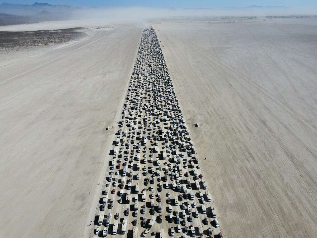 A photo taken by Twitter user @cjyu of the traffic leaving Burning Man on Monday, September 5, 2022 in Nevada.