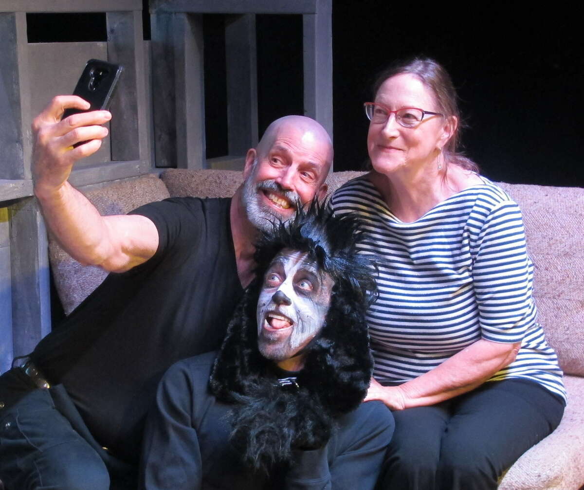 Clockwise from left, Steven Patterson as David, Janet Keller as Shelley and Daniel Hall Kuhn as Shadow the dog in "Shelley's Shadow," running through Sept. 18 at Bridge Street Theatre in Catskill. The company commissioned the play, from Canadian playwright Brad Fraser, and is mounting the world premiere.