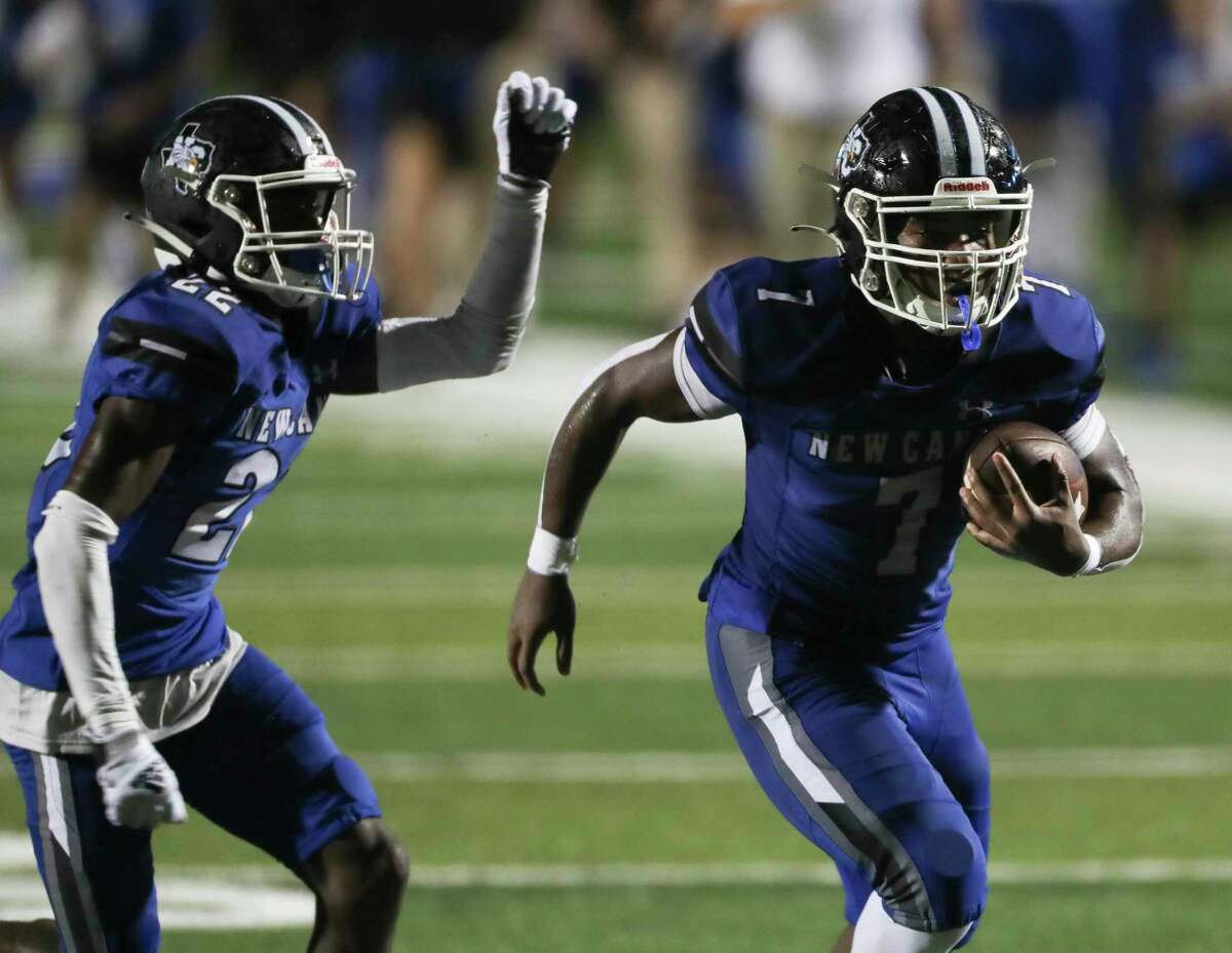 New Caney linebacker Daylen Wilson returned a blocked punt by defensive back Chris Johnson for a 25-yard touchdown in the second quarter of a non-district high school football game at Randall Reed Stadium, Friday, Sept. 2, 2022, in New Caney.