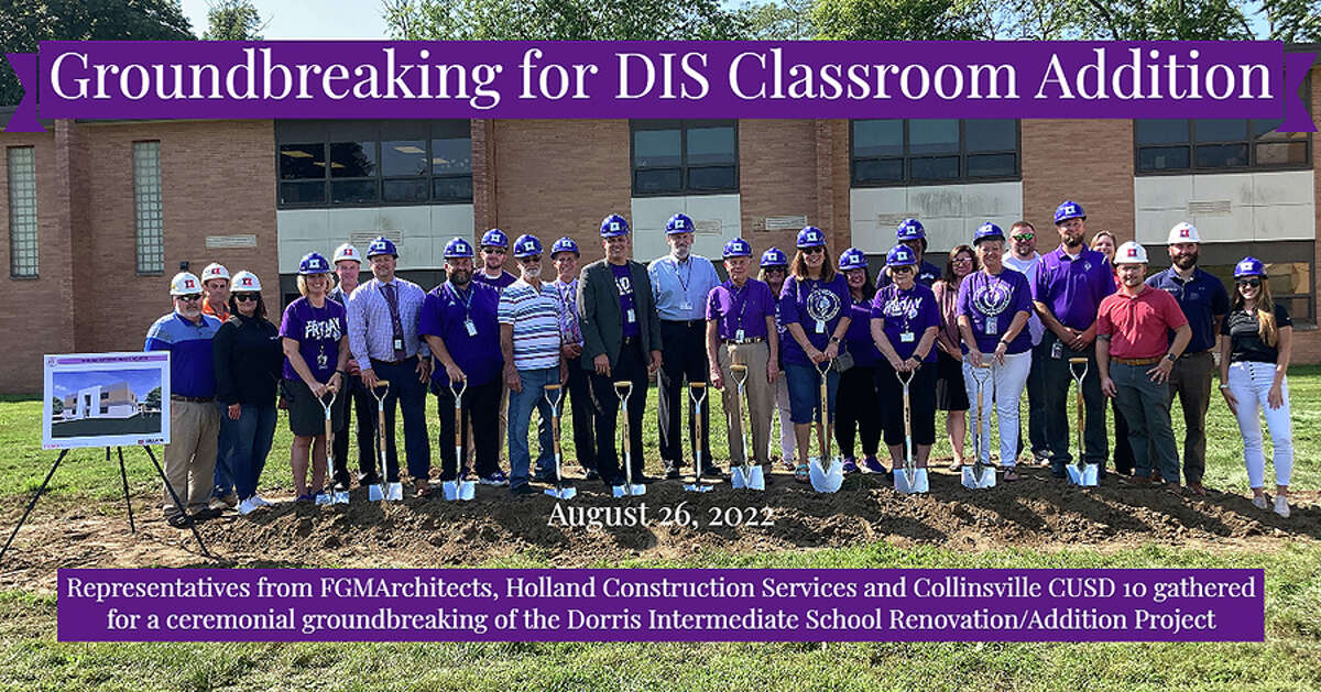 Purple hardhats galore as administrators, board and staff members made the ceremonial groundbreaking for an addition and renovation at Dorris Intermediate School.