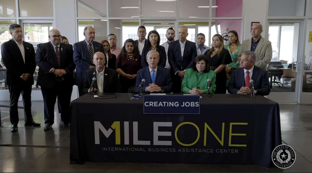 Texas Gov. Greg Abbott at the downtown offices of MileOne in Laredo, Texas.