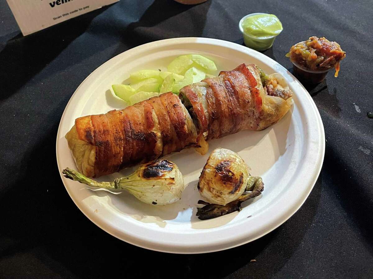 The burrito especial (bacon-wrapped) from Taco Mama Cuca in Oakland.