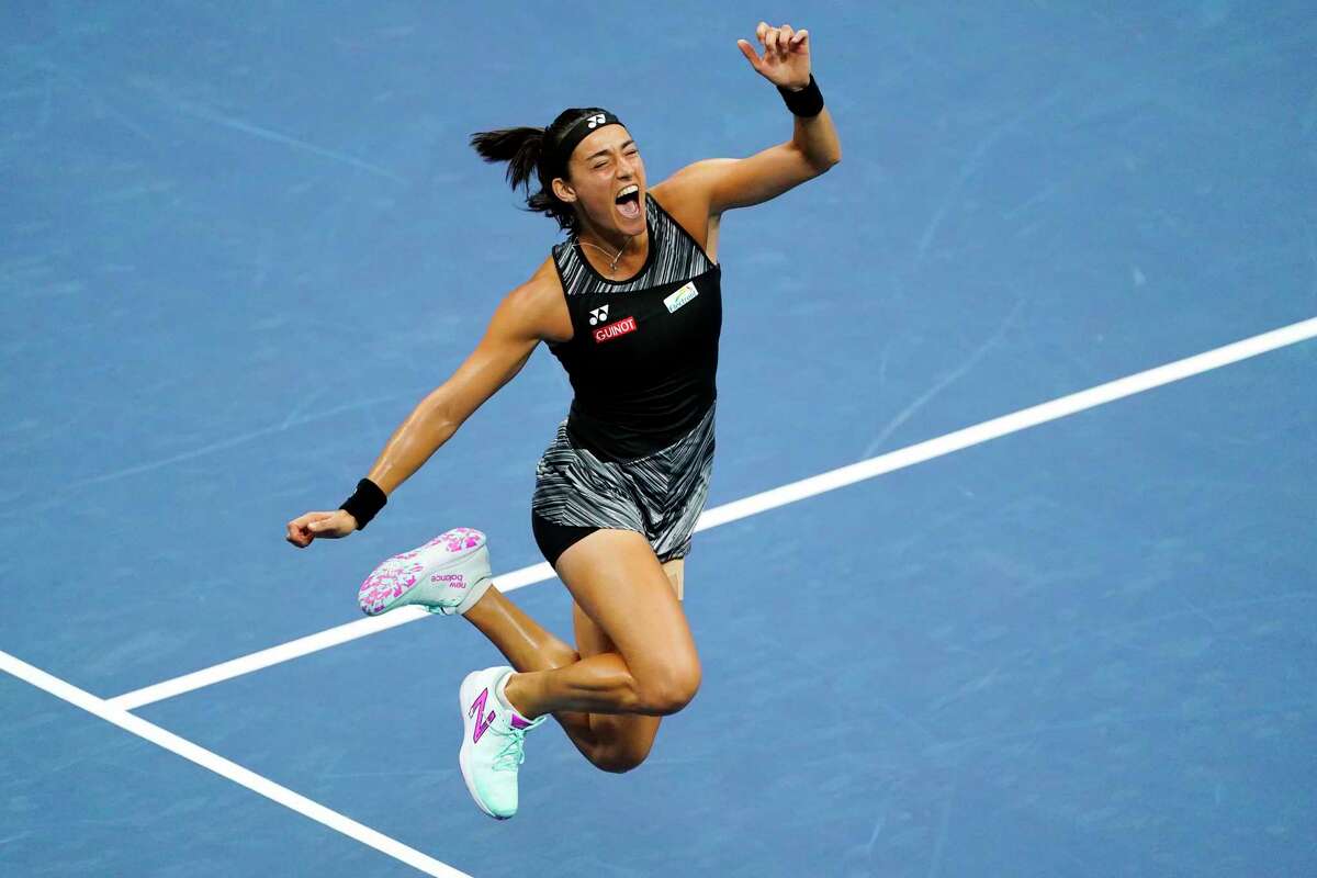 Caroline Garcia, of France, celebrates after defeating Coco Gauff, of the United States, during the quarterfinals of the U.S. Open tennis championships, Tuesday, Sept. 6, 2022, in New York.
