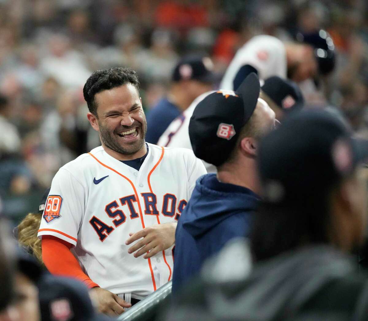 Houston Astros Jose Altuve (27) laughs as he celebrated his home run after it was umpire reviewed for possible fan interference but upheld during the third inning of a game at Minute Maid Park on Tuesday, Sept. 6, 2022.