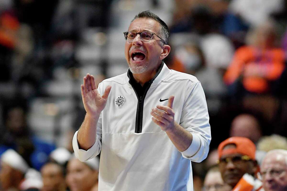 Connecticut Sun head coach Curt Miller reacts during the first half of Game 4 in the team's WNBA basketball playoff semifinal against the Chicago Sky on Tuesday, Sept. 6, 2022, in Uncasville, Conn.