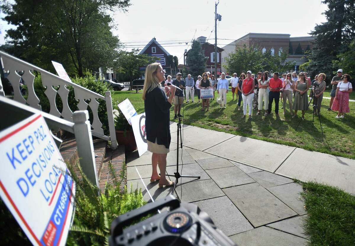 Fairfield First Selectwoman Brenda Kupchick addresses rally in response to development in Fairfield and Connecticut state statute 830-g, the law allowing developers to circumvent local zoning laws to build affordable housing, in July.