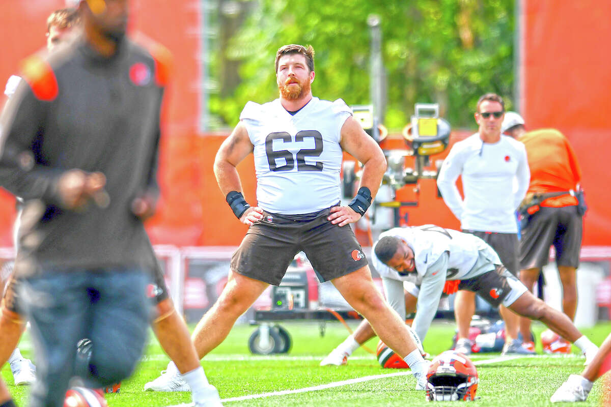 Offensive guard Blake Hance (62) of the Cleveland Browns warms up during training camp in Berea, Ohio, in 2021.