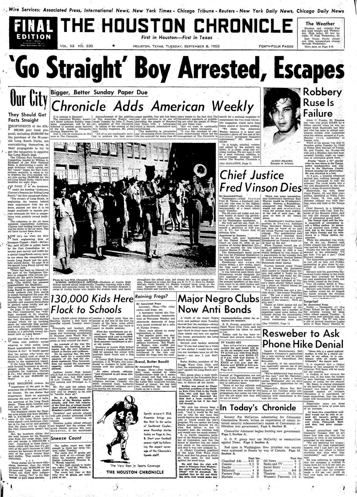 Houston Chronicle front page for Sept. 8, 1953.