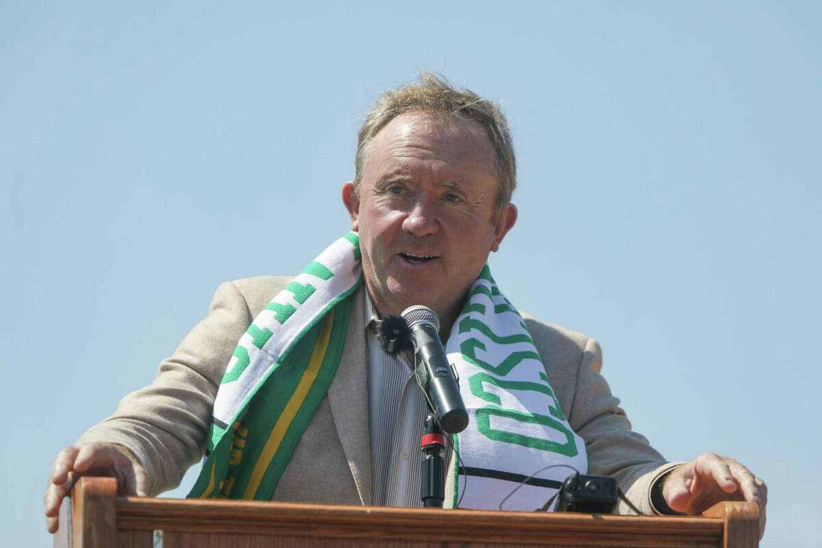 Leo Cassidy, board member for the SF Glens Board of Directors, speaks at the ground breaking ceremony for the San Francisco Glens stadium on Treasure Island in San Francisco, Calif. on Wednesday, September 7, 2022.