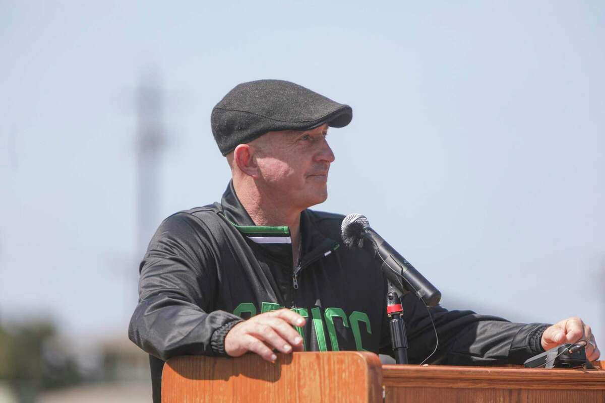 Patrick Maguire speaks at the ground breaking ceremony for the San Francisco Glens stadium on Treasure Island in San Francisco, Calif. on Wednesday, September 7, 2022. A field will be named after Patrick Maguire’s son who passed away from cancer.