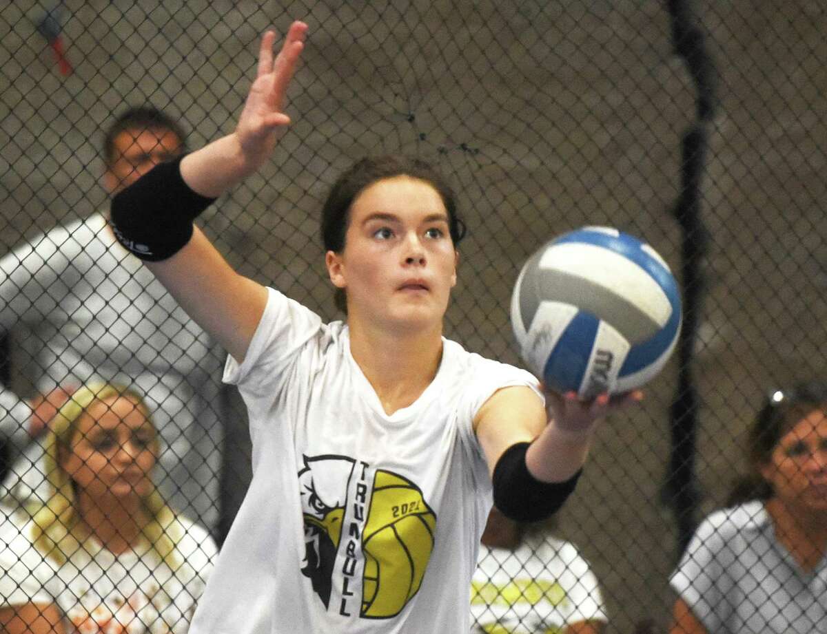 Trumbull’s Maggie Carley gets set to serve during the Nectar Volleyball Tournament at the Nortrheast Athletic Center in Norwalk on Saturday, Sept. 3, 2022.