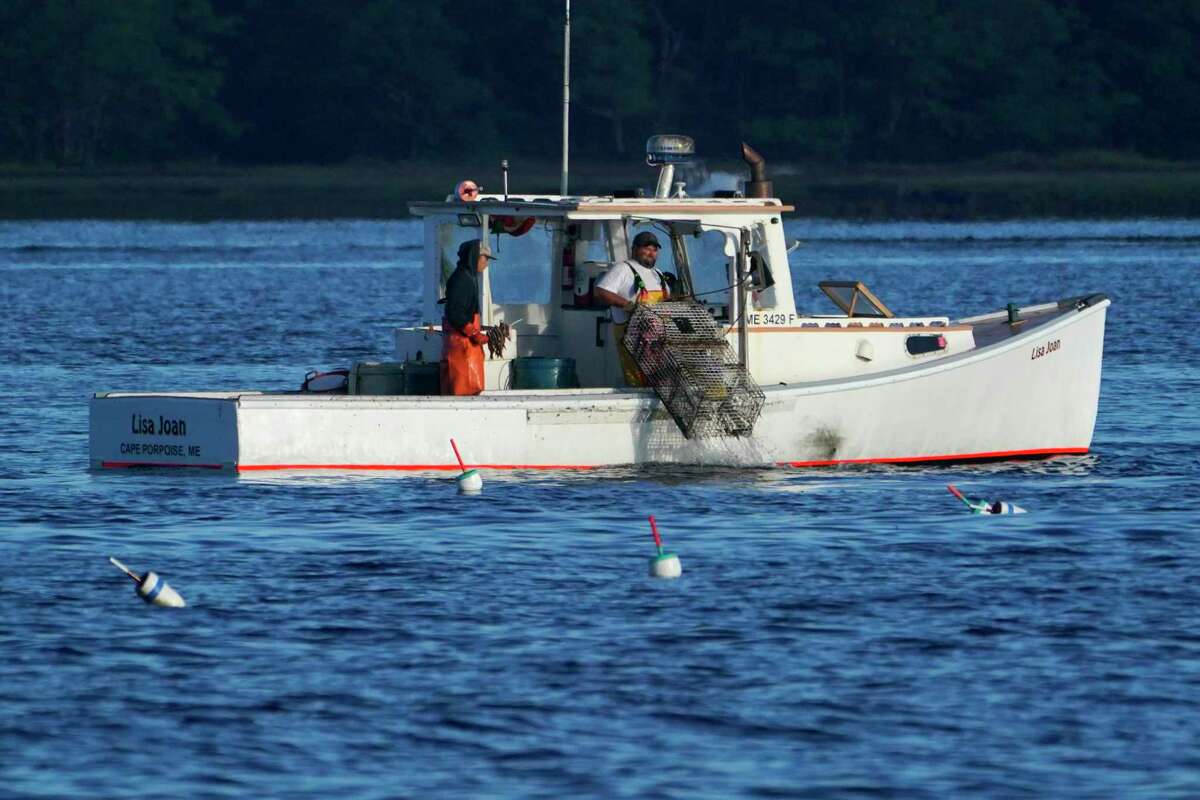 CORRECTS DATE - A lobster fisherman hauls a trap, Thursday, Sept. 8, 2022, off of Kennebunkport, Maine. The conservation group, Seafood Watch, has added lobster to its "red list" as a species to avoid. They say current management measures do not do enough to prevent entanglements of fishing gear with whales.