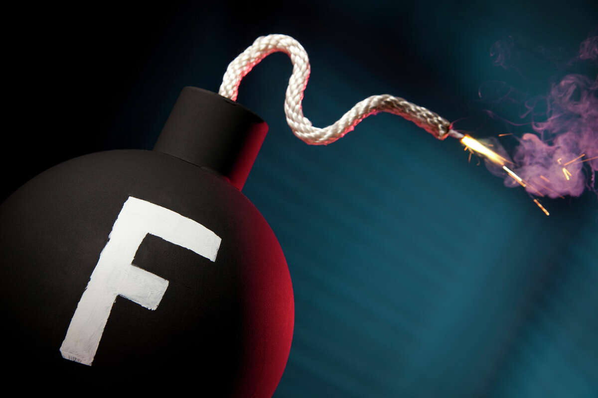 A picture of a bomb with the letter F on it. A photographic reprensentation of the slang term F-bomb or Eff bomb. When you say the "F" word it is said that you droped the "F-Bomb".